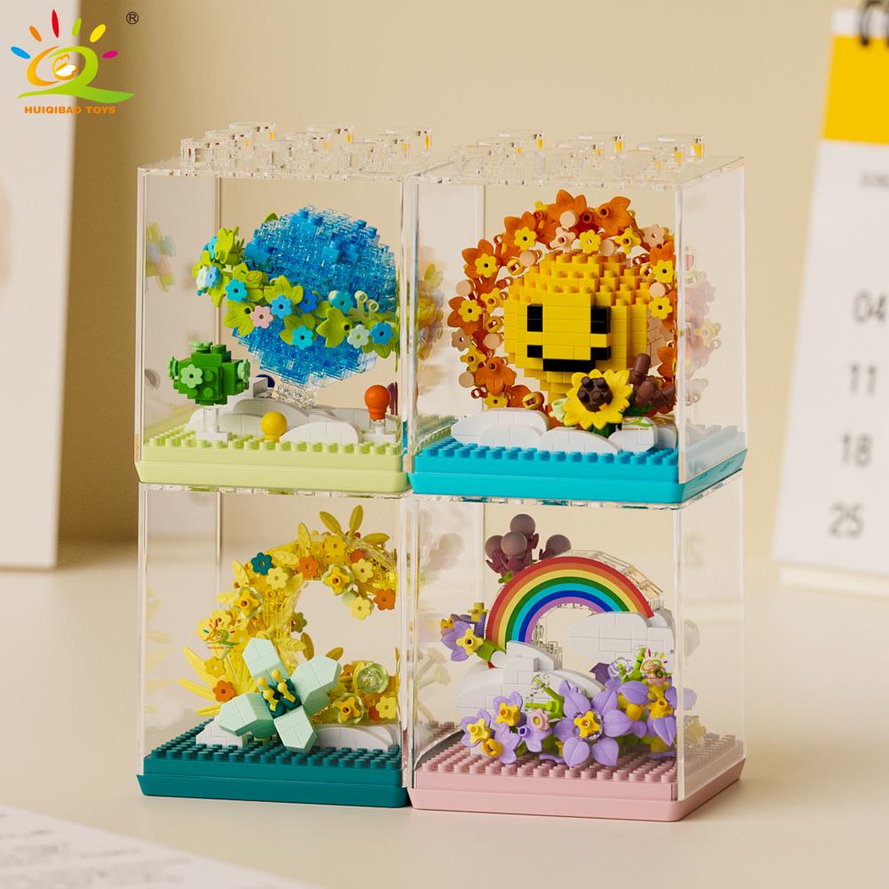 Moc Sun Flower Display Box Micro Building Block Succulent Mini 3D Diamond Model Brick Toy For Children Desk Decor.