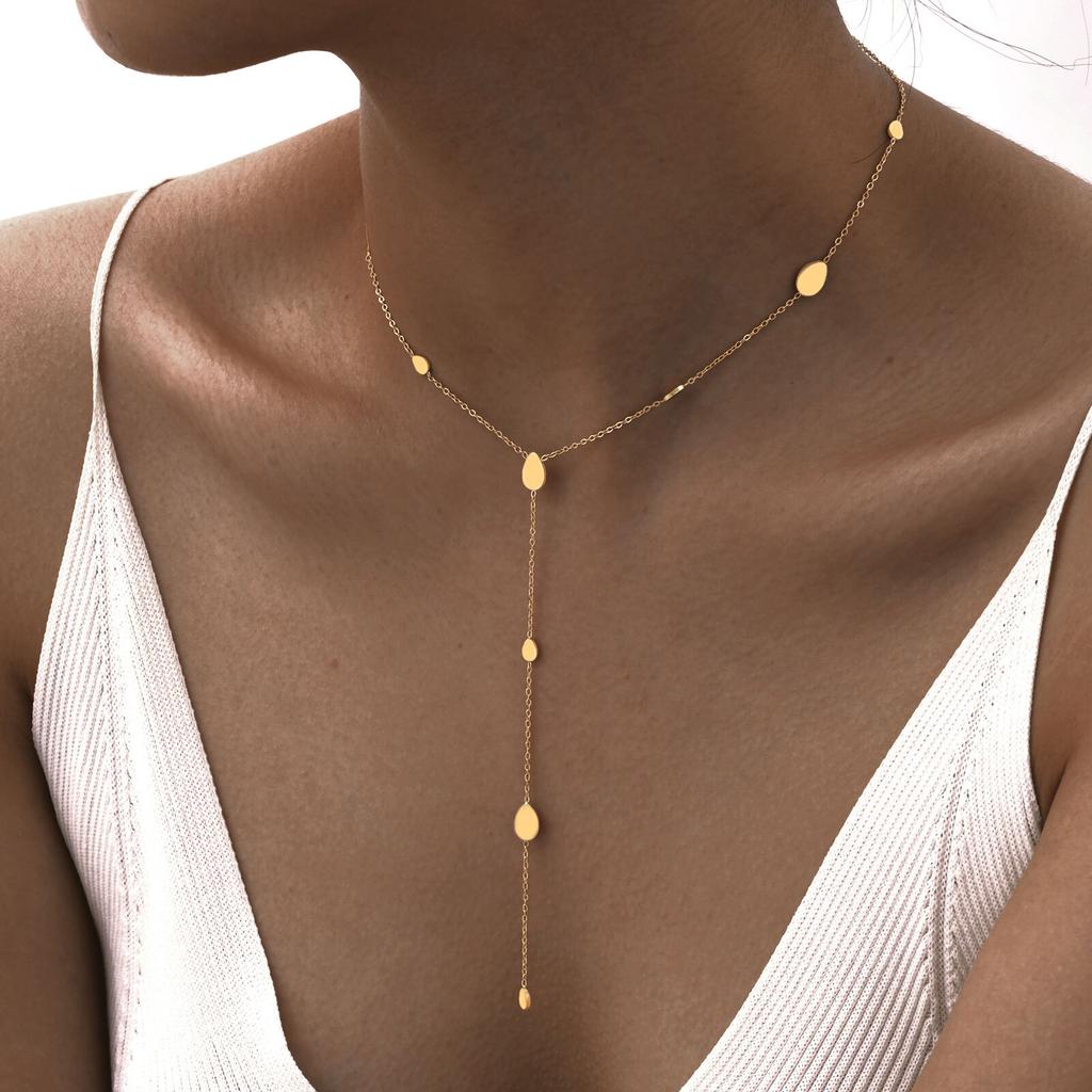 Heart Drop Lariat Chain Necklace For Women, Y Shape Long Chain Stainlss Steel 18K Gold Color Layered Jewelry