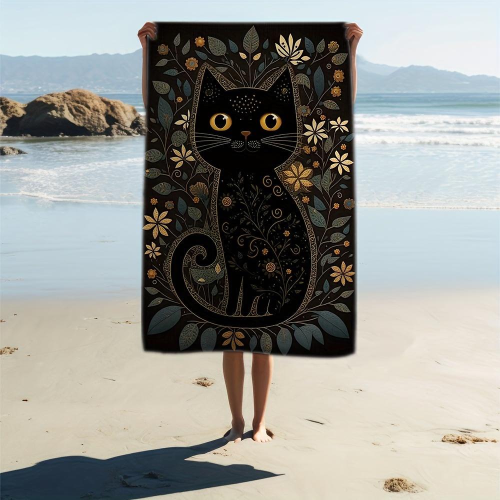 Cute Black Cat and Golden Leaves Beach Towel, Elegant Animal Art Quick-Dry Sand-Free Microfiber Bath Towel for Swim and Camping