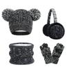 4Pcs/Set Kids Winter Hat Scarf Gloves Ear Warm Set Children's Unisex Fleece-lined Thickened Beanies Windproof Scarf