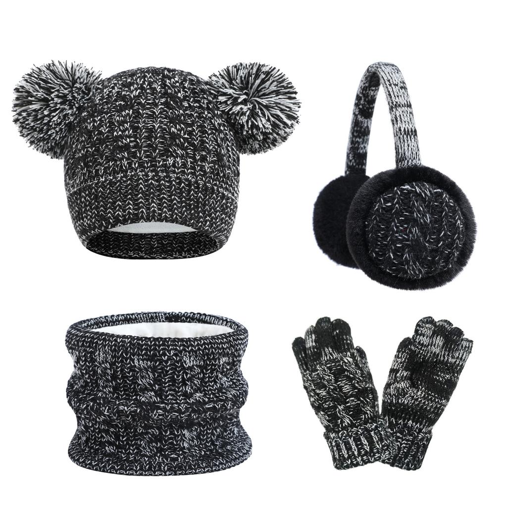 4Pcs/Set Kids Winter Hat Scarf Gloves Ear Warm Set Children's Unisex Fleece-lined Thickened Beanies Windproof Scarf