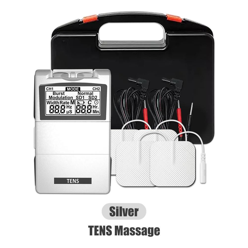 

Бытовой меридианный массажер TENS/EMS для облегчения боли, стимулятор мышц, портативный двухканальный электронный физиотерапевтический прибор серебряный