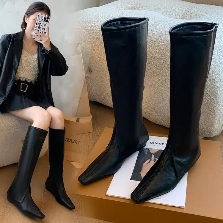 Fashion Pointed Toe Flats Women High Boots Designer Fashion Casual Walking Leather Shoes 2025 New Trend Winter Dress Chelsea Botas Mujer