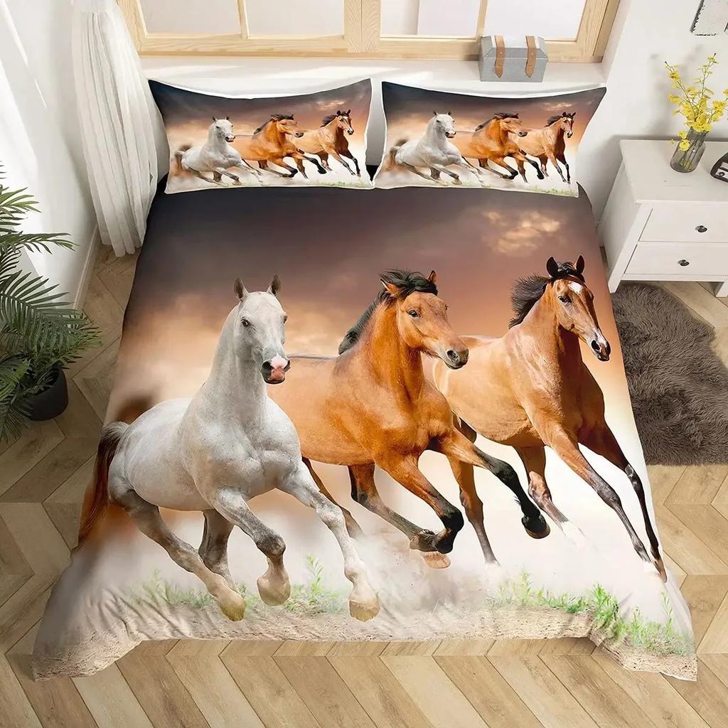 Dominierendes galoppierendes Pferd Gedrucktes Bettbezug-Set 3D Luxus Bettwäsche-Set mit Kissenbezug Schlafzimmer Bettdeckenbezüge Queen-Size