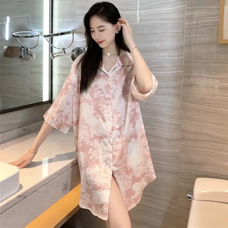 Sexy Nachtwäsche Damen Strickjacke Mittellanger Rock Student Homewear Lose Revers Nachthemden Können Draußen Getragen Werden Damen Nachthemden