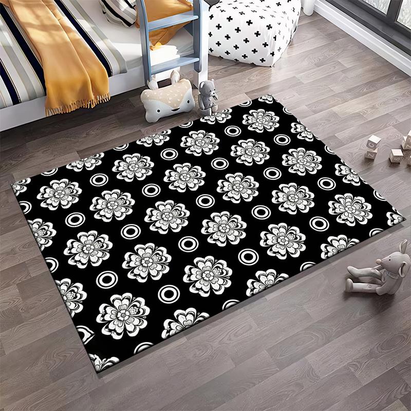 Black and White Floral Pattern Carpet, Modern Home Decor Rug Suitable for use as an anti-slip for living room bedroom sofas