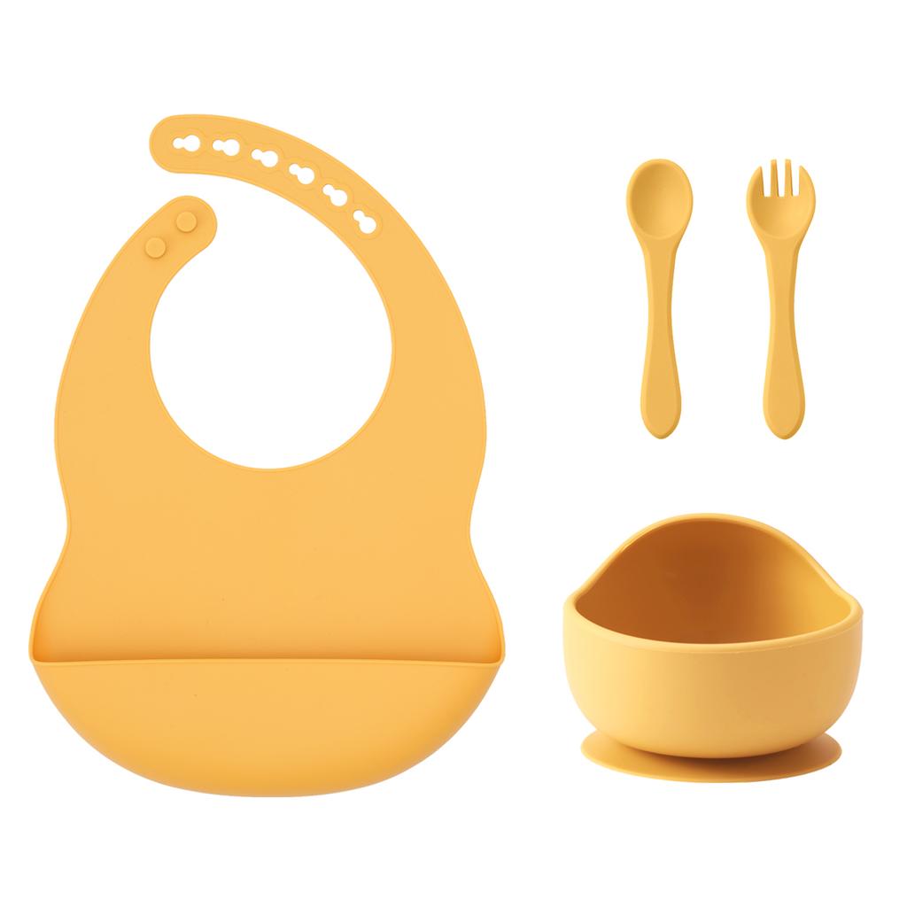 Color Kids 4PCS Silicone Baby Feeding Set With Spoon Bib Suction Bowl BPA Free Toddler Training Spoon Fork Tableware Baby Stuff