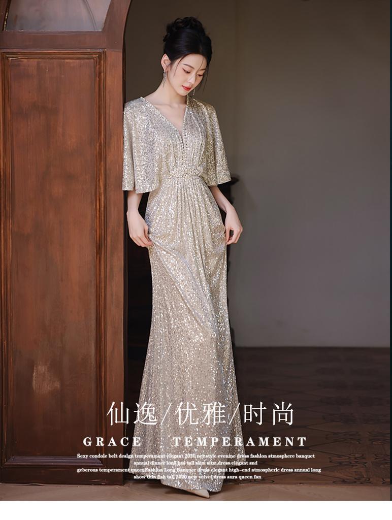 Silver Sequined Evening Dress Women's Light Luxury Niche Temperament Long Banquet Host Engagement Fishtail Dress