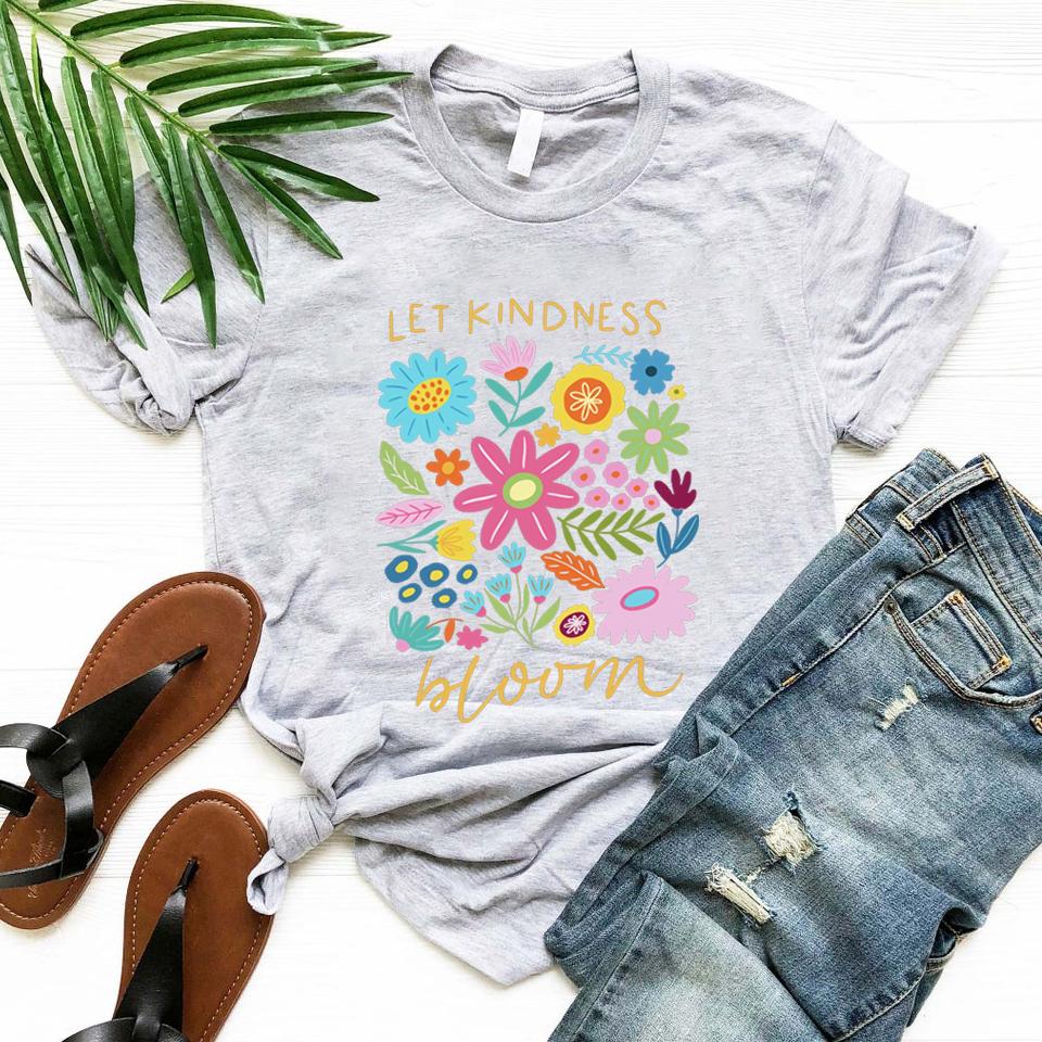 Let Kindness Bloom T-Shirt Be Cool Be Kind Retro Flower Shirt Inspiration Women Graphic T Shirts Short Sleeve Women Clothing