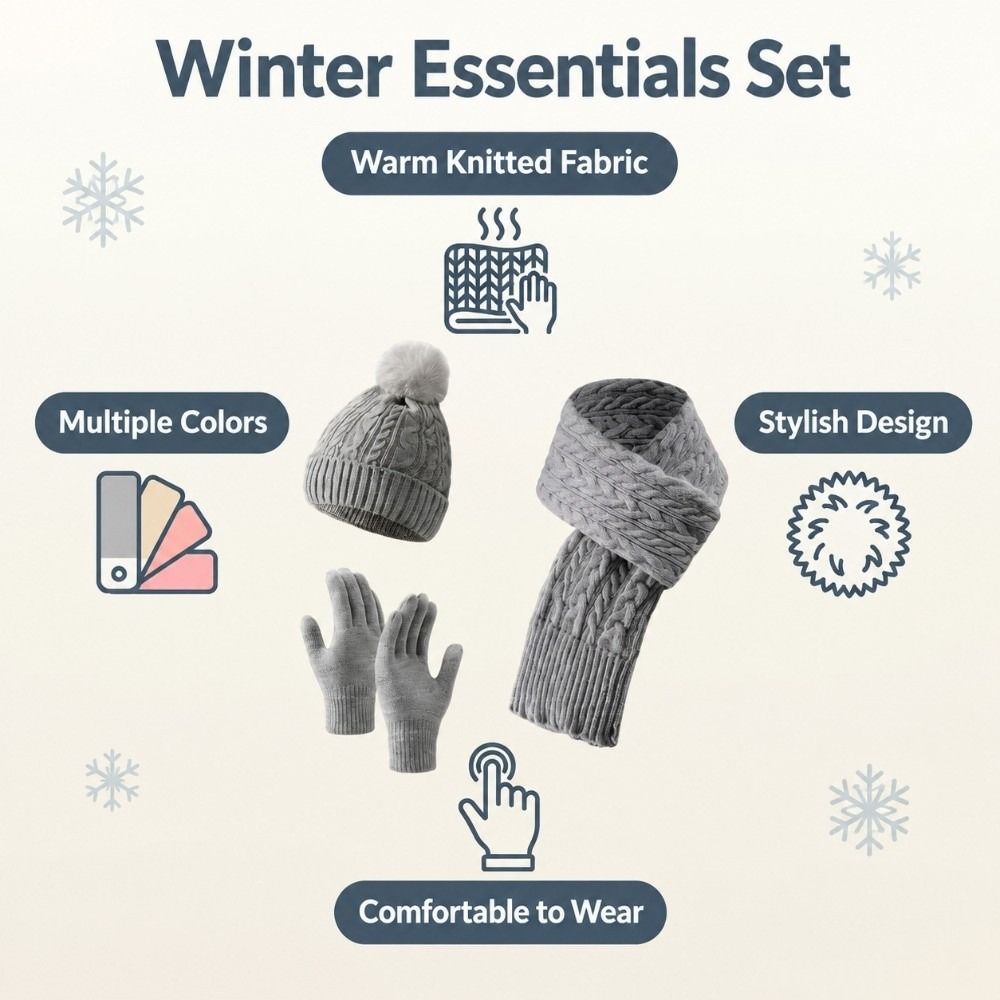 3Pcs/Set Thicken Winter Hat Scarf Gloves Set Warm Scarf Neck Warmer Suit Touchscreen Gloves  Unisex