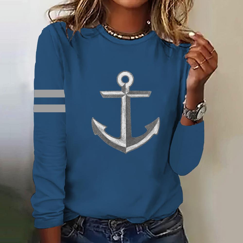 Herbst Frauen T Shirt Langarm Tops Anker Grafik Weibliche Kleidung Alltägliche Streetwear Oansatz Pullover Für frauen Tees 2023
