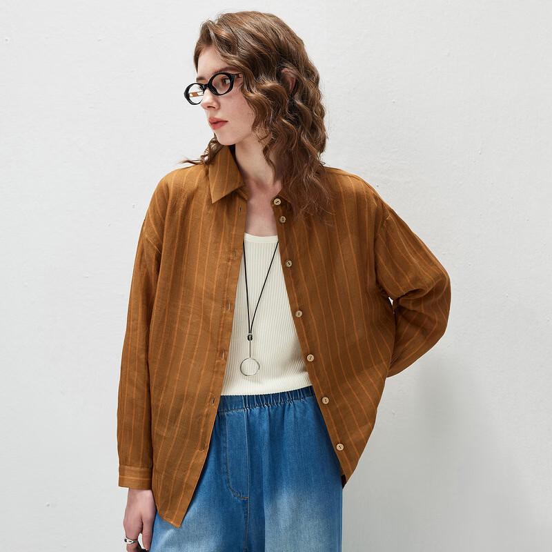 Kemengboka Women's 2026 S/S Ramie Striped Long Sleeve Lapel Shirt