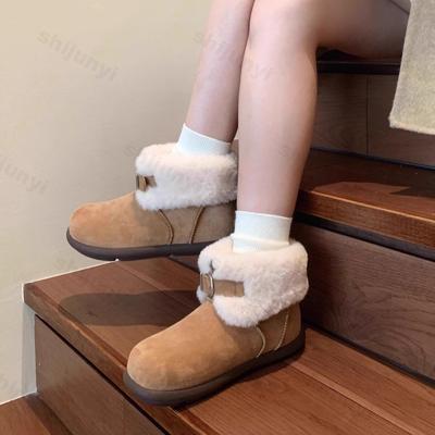 Modische Damen Kurzstiefel Winter Schnallenriemen Plüsch Verdickt Rutschfest Baumwollschuhe Komfort Umgeschlagene Kante Plateau Schneestiefel