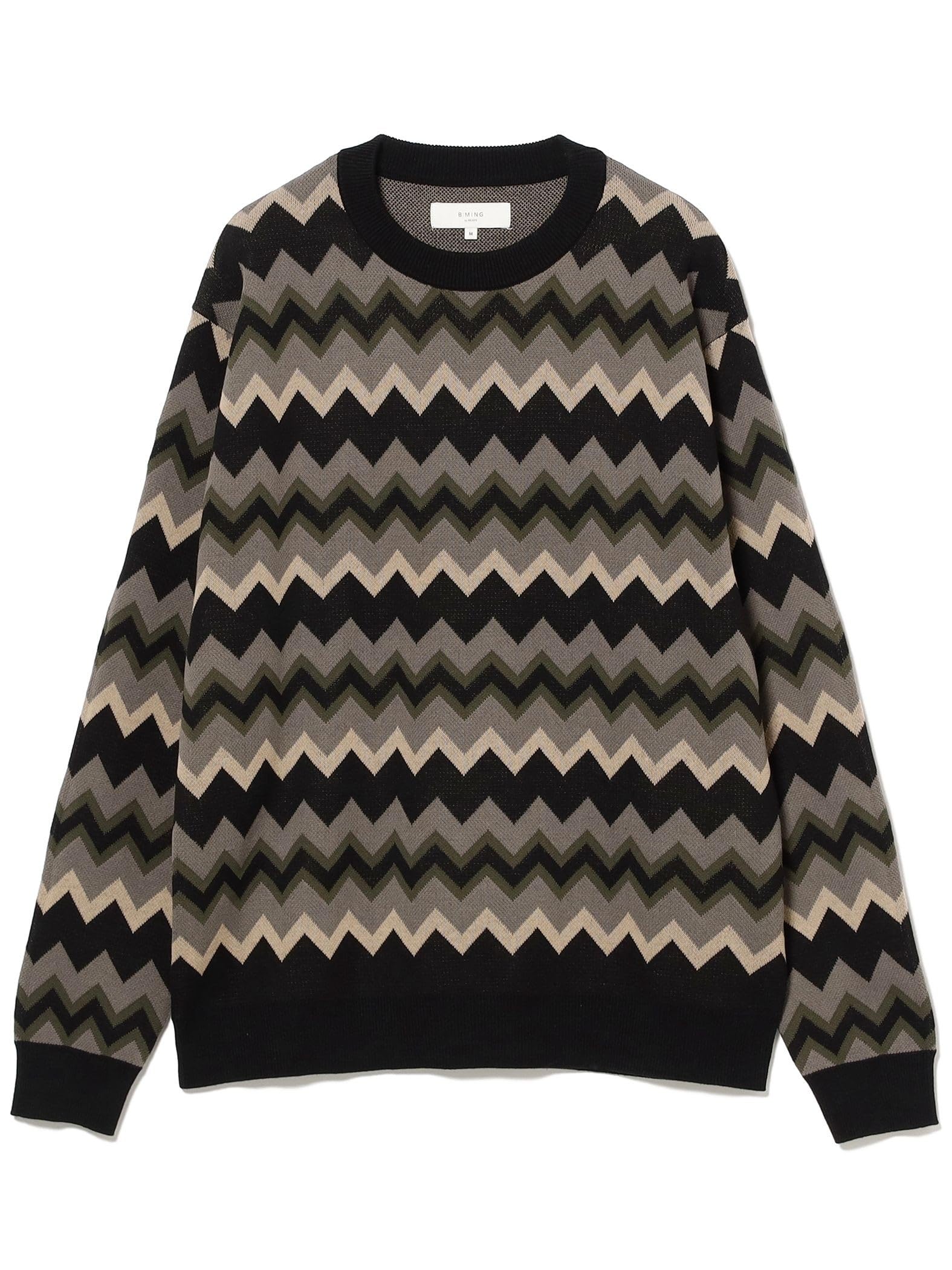 

B:MING LIFE STORE by BEAMS Men s 12 Gauge Zigzag Jacquard Crew Neck Long Sleeve Knit, Black, Size M (92150363286)