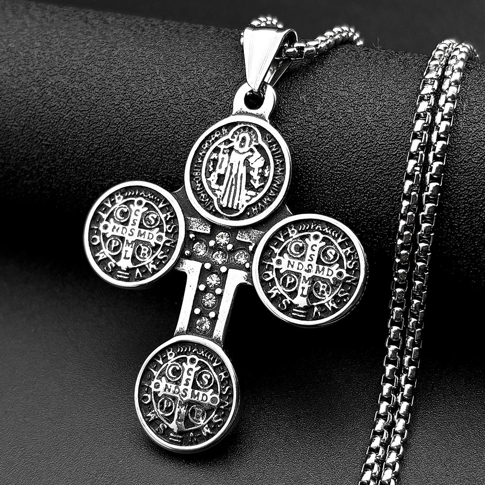 Catholic Saint Benedict Medal Crystals Cross Pendant Necklace for Women Men Gold Color Stainless Steel San Benito Chain Jewelry