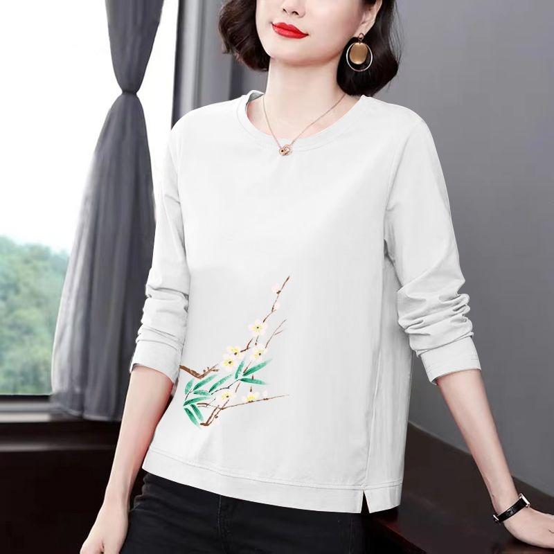 Women Spring Cotton Plum Blossom Print Crew Neck Long Sleeve Casual Top