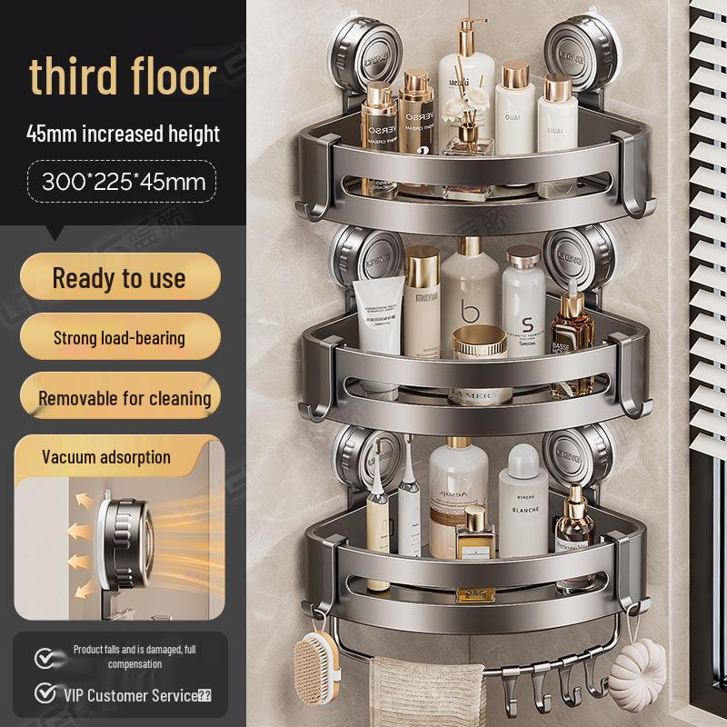 

Gun Gray Suction Cup Bathroom Shelf: No-Drill Wall-Mounted Triangle Storage for Shower, Washstand, and Toilet.