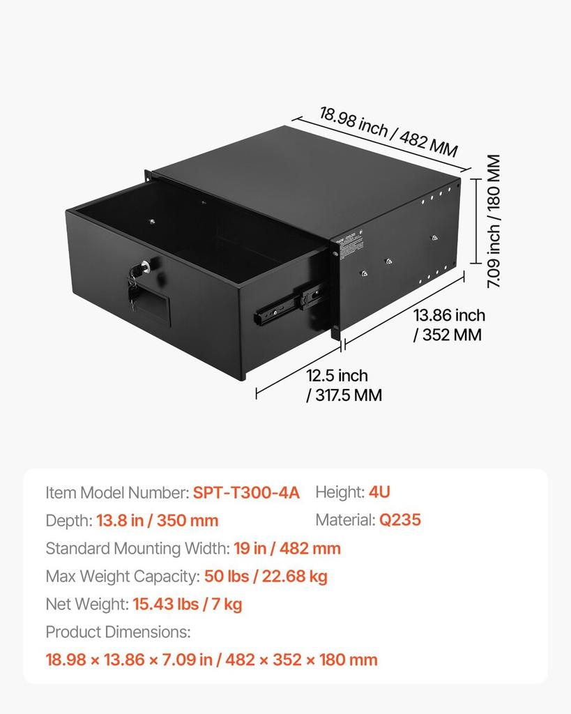4U Rack Mount Drawer, 22.68 Kg Max Load-Bearing, Lockable Server Cabinet Case, Sliding Drawer with Lock and Cable Management Holes, for Network