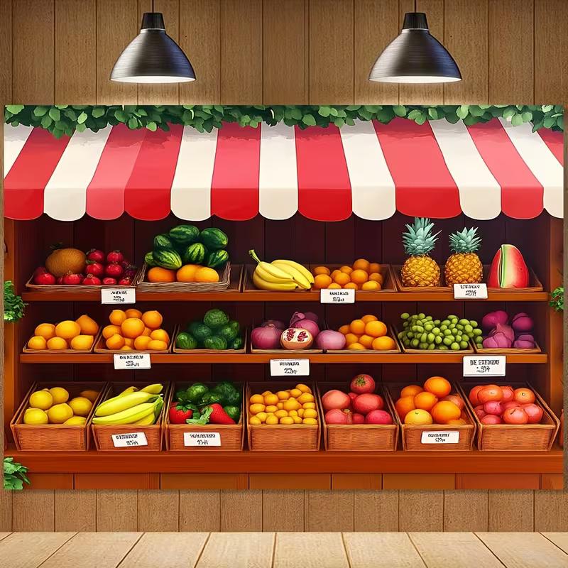 2D Cartoon Fruit Shop Backdrop Kids Birthday Market Theme Photography Background
