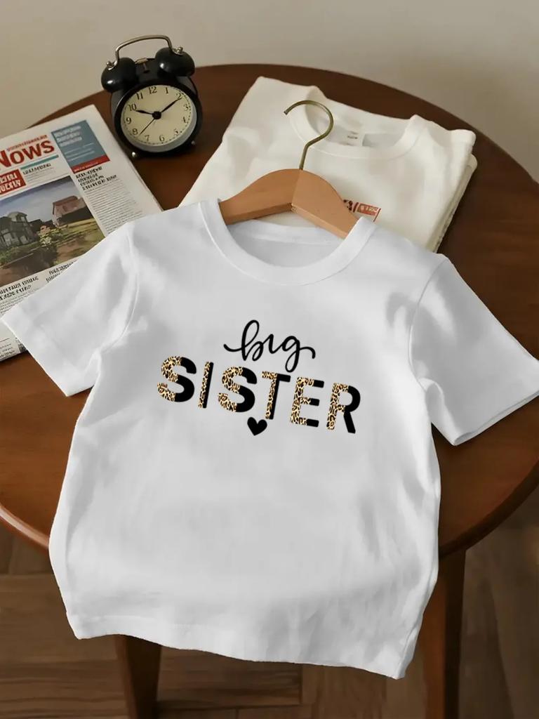 Leopard Print Big Sister Letter Graphic Short Sleeve Tee For Little Girls Crew Neck Lightweight Summer Family Matching Kids Casu