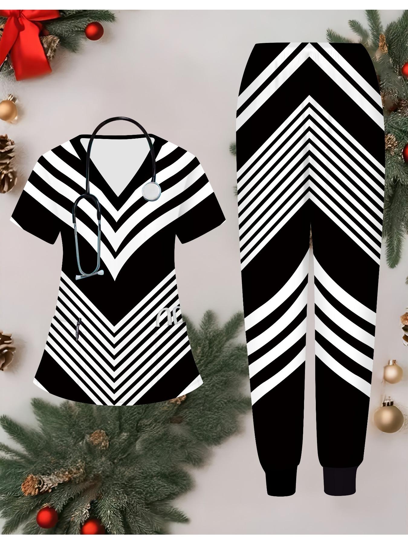 

Женский комплект медсестры с 3D геометрическим принтом, короткий рукав, длинные брюки с карманом, повседневный модный рождественский подарок S