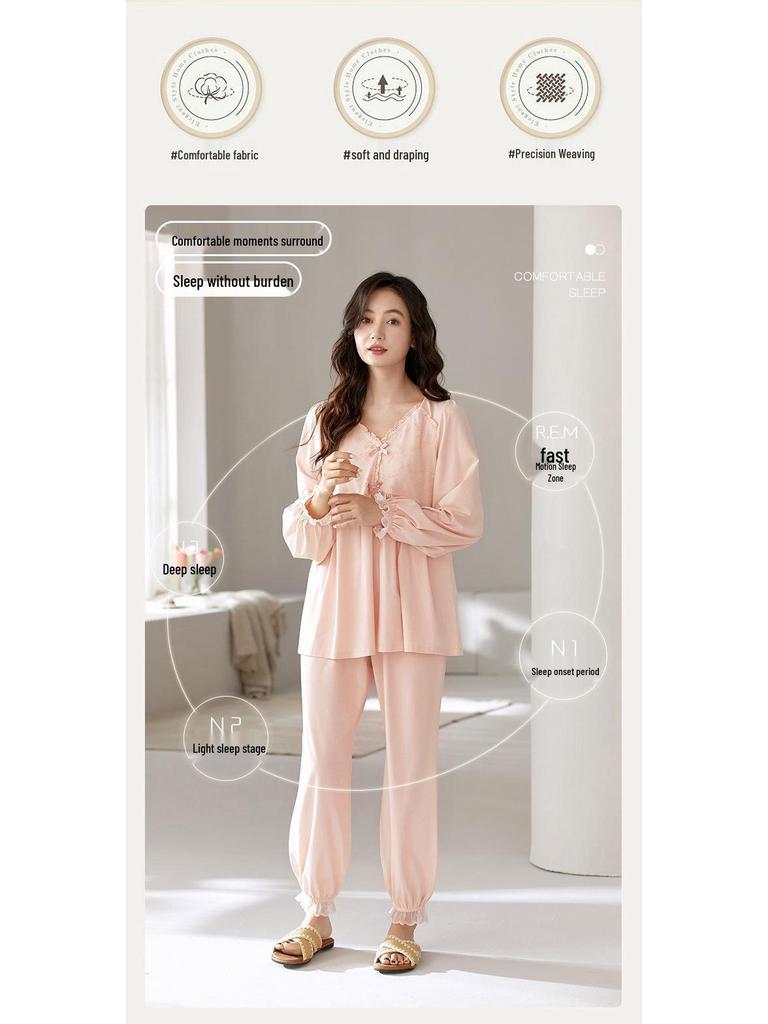 Damen Lycra Baumwoll Pyjama Set: Herbst Langarm V-Ausschnitt Top & Hose, Einfarbig, Lässige Hauskleidung