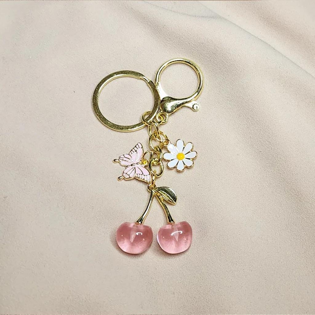 Shiny Cherry Keychain Butterfly Daisy Tassel Bag Pendant Fashion Jewelry Couple Family Keychain Pendant