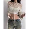 Dámské pletené tričko Y2K Hollow Out Knitwear Oříznutý svetr Jarní Krátký Síťový svetr Vintage Gyaru korejská móda