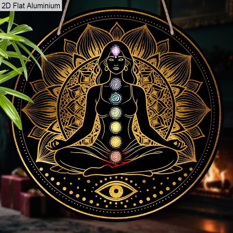 2D Flat Bohemia Aluminium Sign with Meditation & Chakra Pattern - Vintage Figurine Ornaments - Ideal for Front Door, Wall, Porch, Fence Decor - Ideal