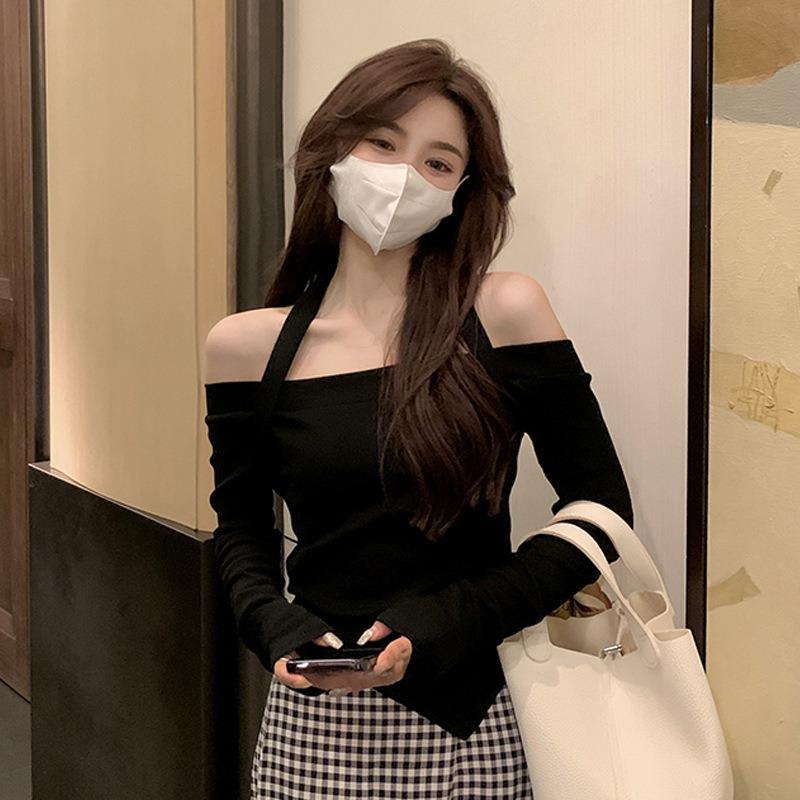 Sweet Hot Girl One-shoulder Chic Short Top for Women Spring and Autumn New Design Niche Inner Layering Shirt S чёрный