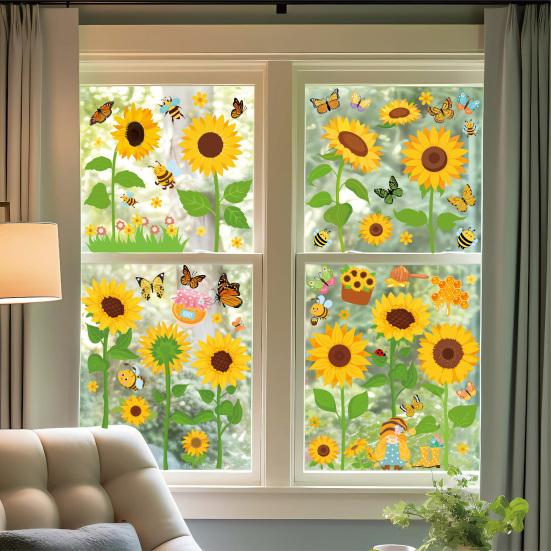 8 Vellen Zonnebloem Bij Vlinder Raamstickers Statisch PVC Raamdecoratie Herbruikbaar Verwijderbaar Lente Bloemen Decals voor Glazen Deur Raam Decor