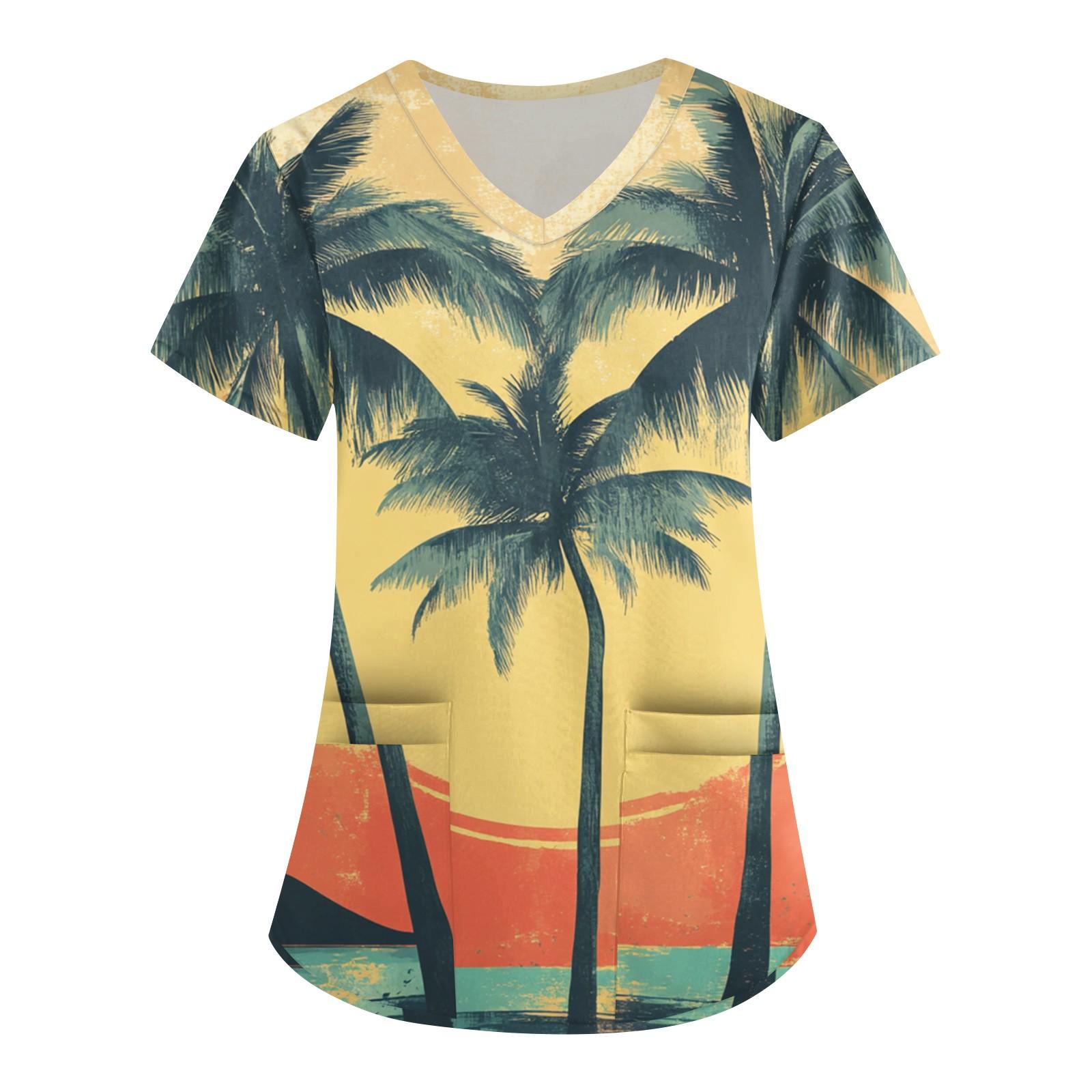 

Женская мода V-образный вырез с короткими рукавами рабочая одежда с карманом гавайский принт топ костюм для ухода XXL