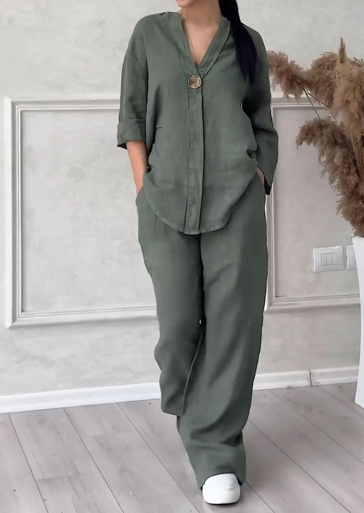 Nuovo set da donna estivo 2024 transfrontaliero taglia grande set camicia in cotone e lino pantaloni larghi a vita alta