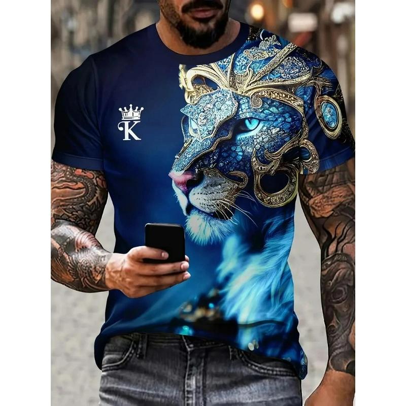 3D Plus Size Men's Lion Print T-shirt Summer Short Sleeve Crew Neck Tees Top Casual Men's Clothing Oversized Outdoor Pullover