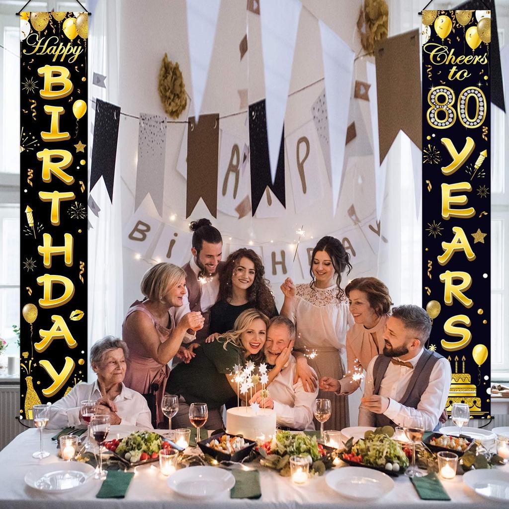 80th Birthday Party Banner Decorations for Women Men 80 Year Old Door Banners Signs Black Gold Cheers to 80 Years Brithday Party Supplies Welcome