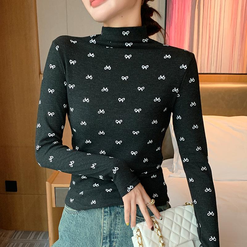 

Women s Slim Fit Half Turtleneck Western-Style Floral Bowknot Long Sleeve Top XXL 65-75kg чёрный