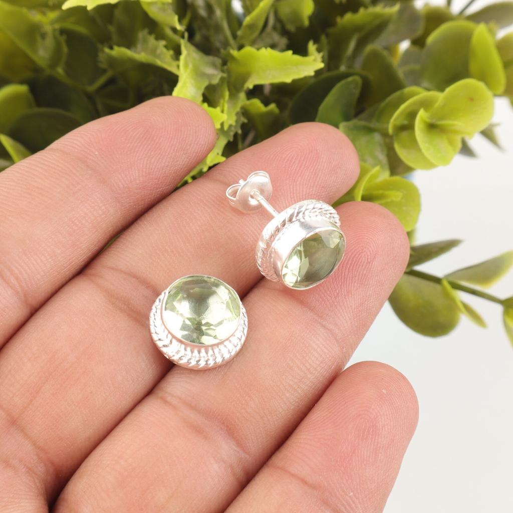 Green Amethyst Gemstone 925 Sterling Silver Jewelry Handmade Stud Earrings 0.53" EE-147-1
