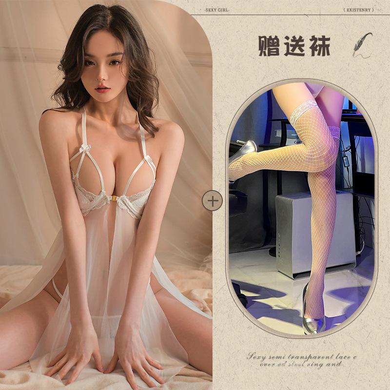 Large Size Erotic Underwear Sexy Lace Temptation Suspender Nightdress Hot Hollow Split Petal Skirt Women's Transparent Pajamas