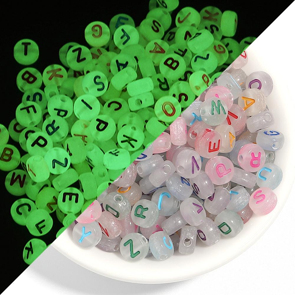 100Pcs/Lot 7mm Acrylic Luminous Beads Translucent Colorful Letter A-Z Flat Round Beads Diy Fashion Bracelet Necklace  Jewelry