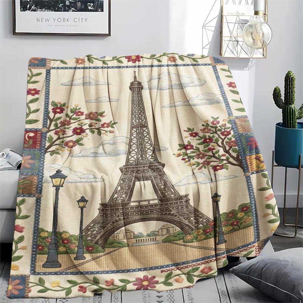 Paris Eiffel Tower Print Flannel Blanket, High quality Comfortable for All Seasons, Home Decor, Warmth and Comfort, Perfect for Christmas Gifts90