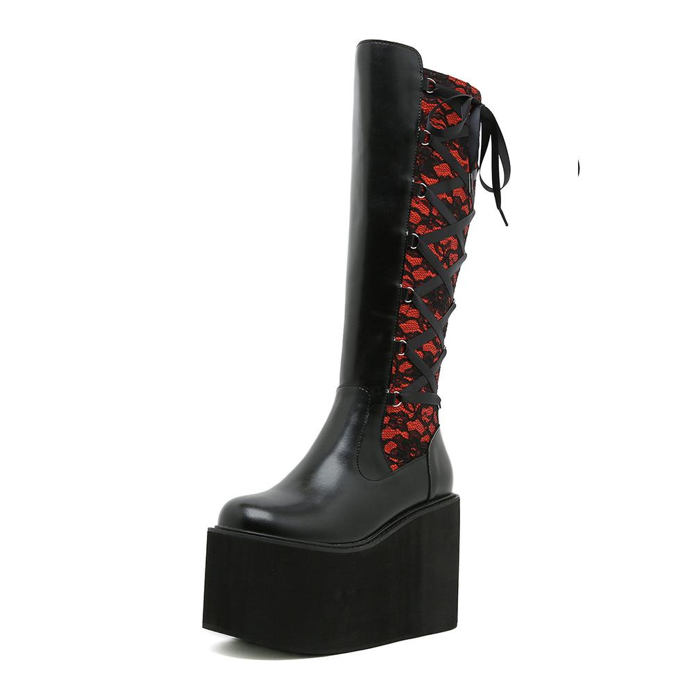Gdgydh Damen Retro Blumen Schnürstiefel Kniehoch Winterstiefel mit Dickem Keilabsatz Seitenreißverschluss Cowgirl Stiefel Semi-formelles Schuhwerk