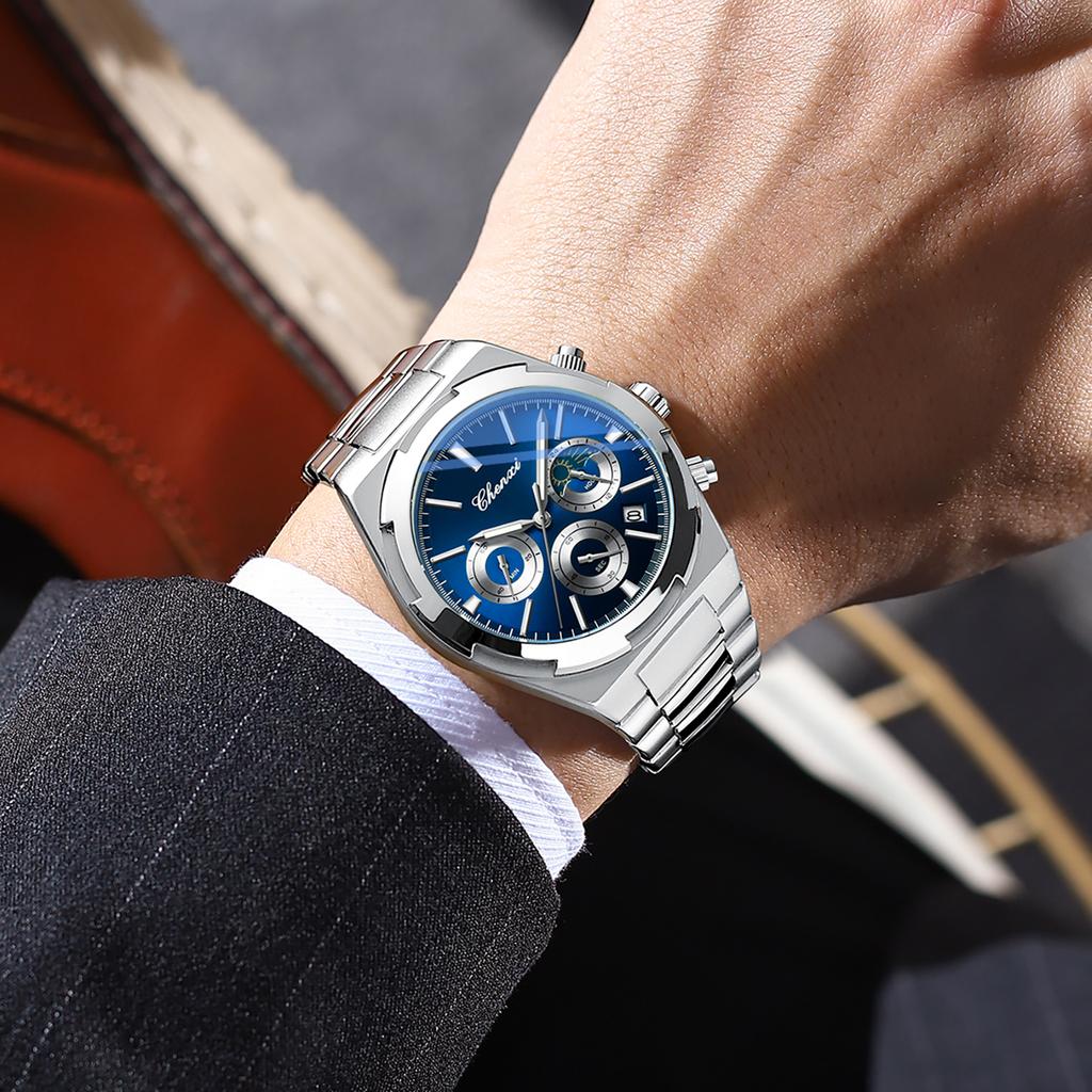 Man Wristwatch Business Waterproof Male Clock Luminous Date Stainless Steel Quartz Men Chronograph Watch