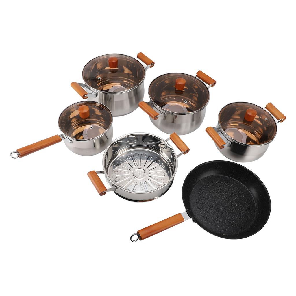 Stainless Steel Cookware Set Wooden Handle Multifunctional Kitchen Cooking Set for Steaming Boiling