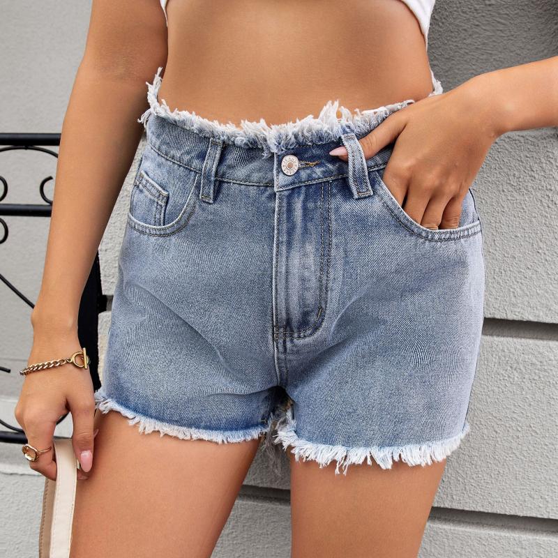 2026 Summer New Women's Casual Trendy Frayed Edge Solid Color Denim Shorts