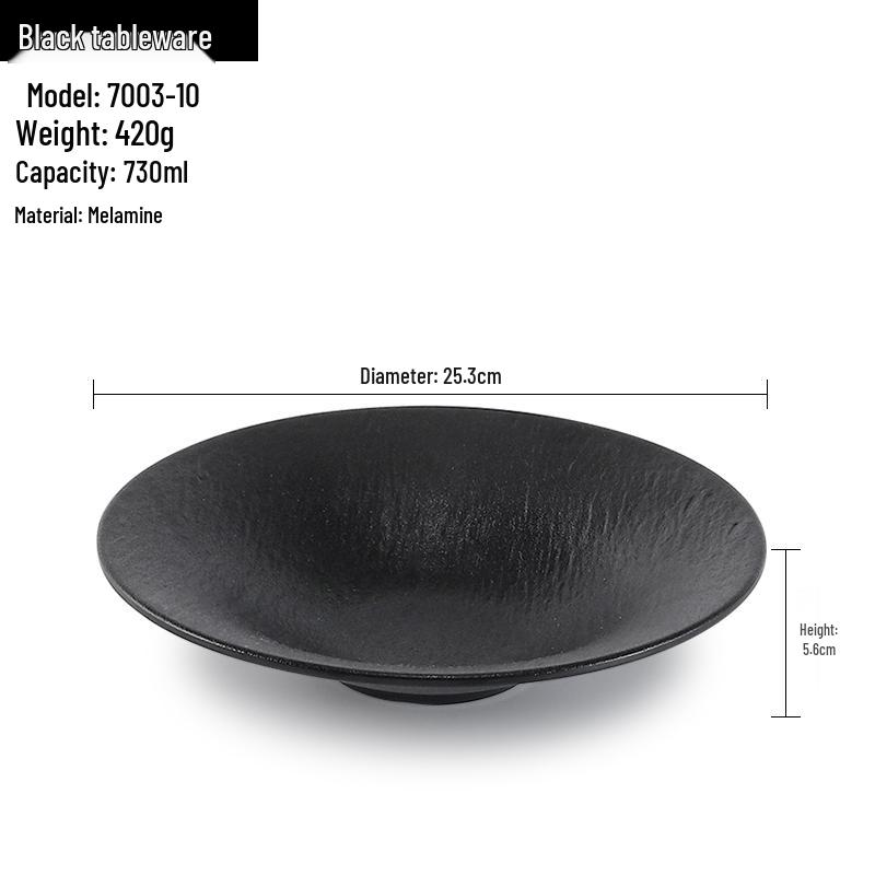 Melamine Black Round Plate for Pasta, Steak, Hot Pot, BBQ, and Tableware