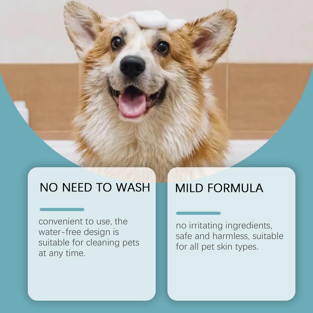 Pet no-rinse cleaning mousse, dry shampoo, and bubble bath for cats and dogs, effectively removes odors and dirt without rinsing