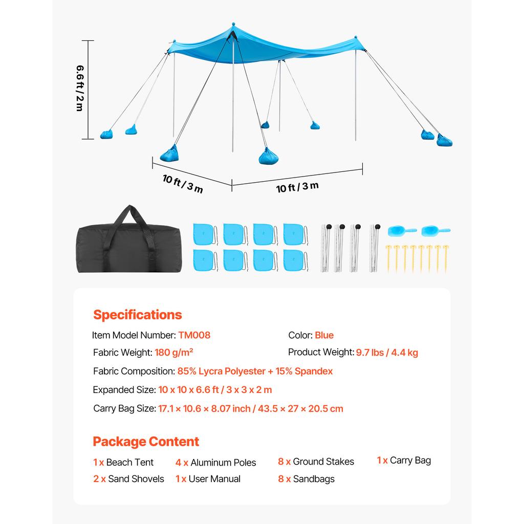 SucceBuy Beach Tent Sun Shelter Easy Pop Up Beach Canopy with Sandbags Stability Poles Sand Shovels Portable Shade for Camping