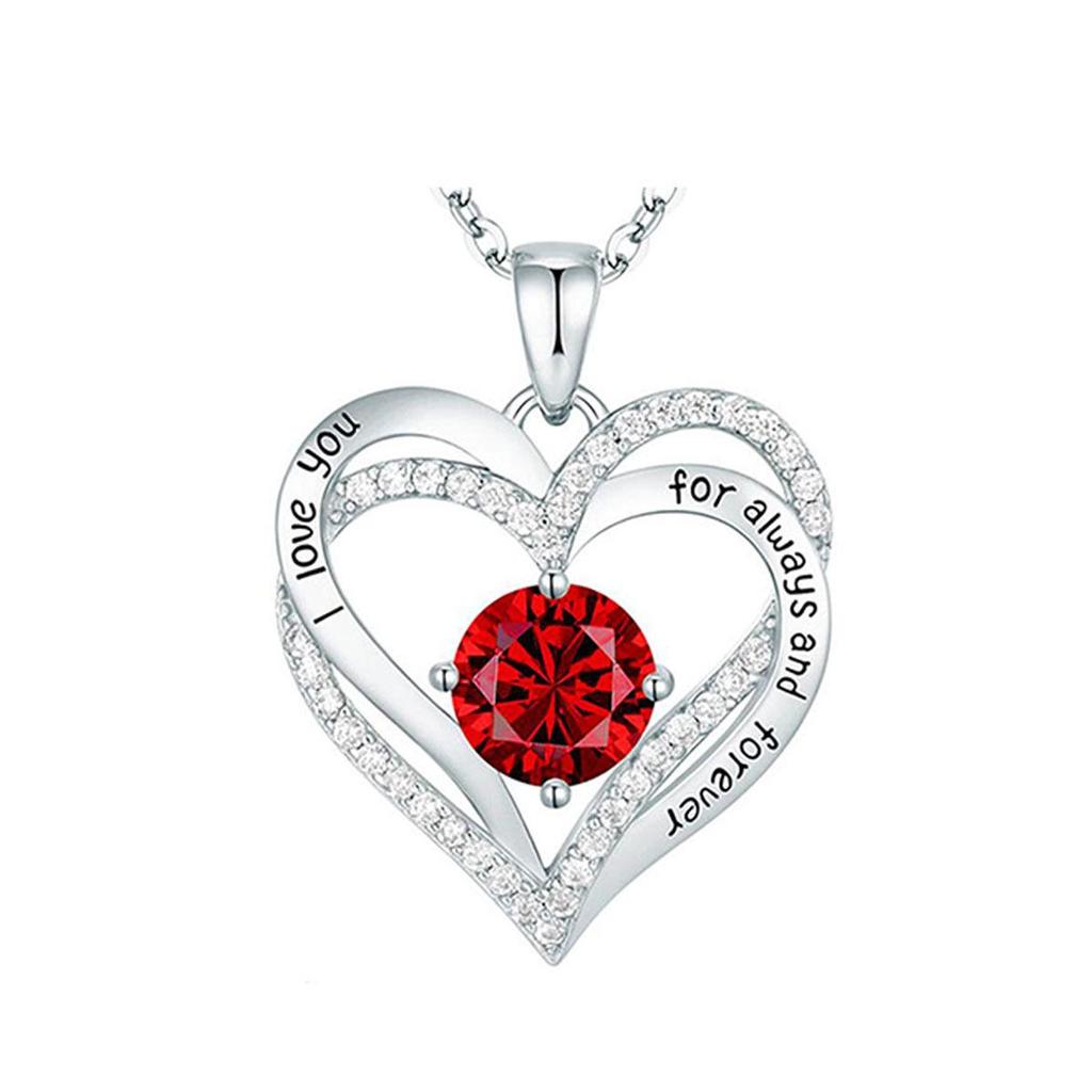 White Gold Double-layer Heart Pendant Necklace - Twelve Birthstone Options