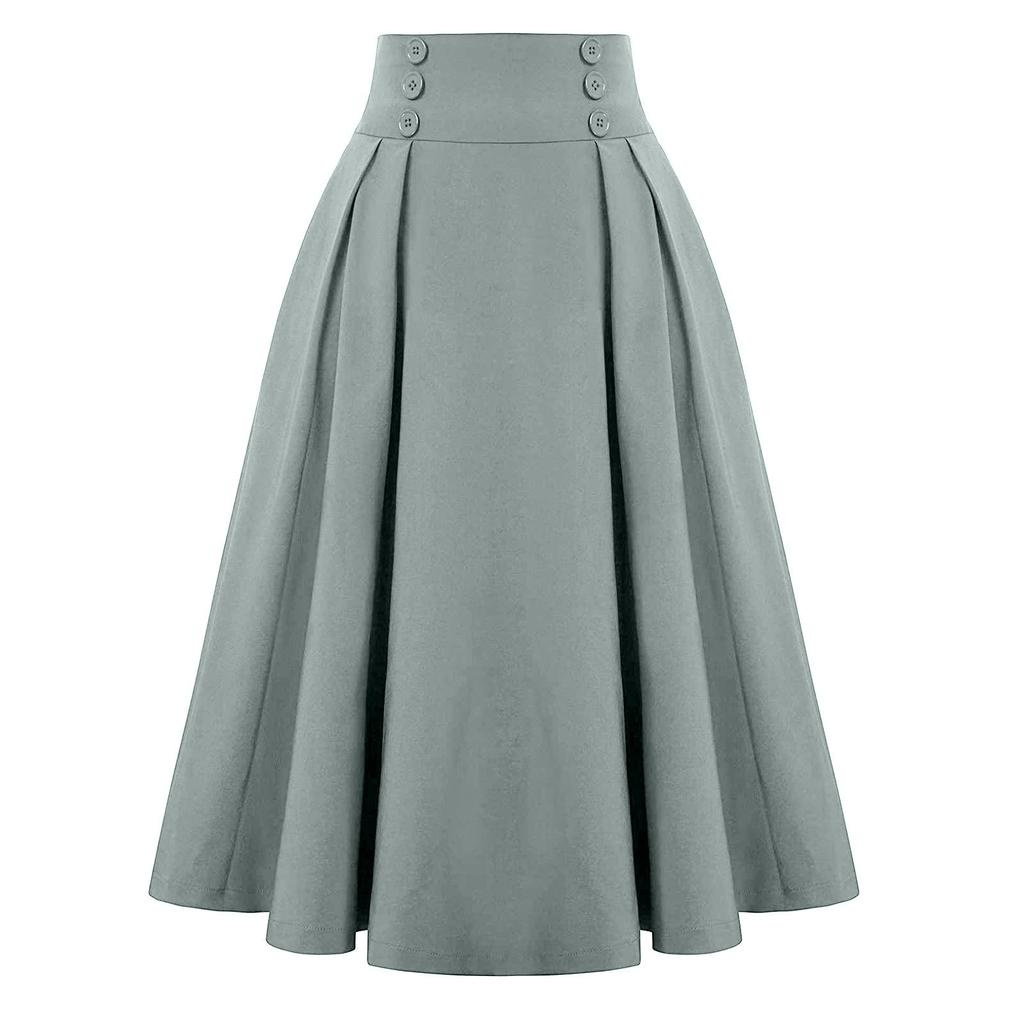 Women Casual Midi Skirt Vintage Button Elastic High Waisted Pleated A-Line Skirts