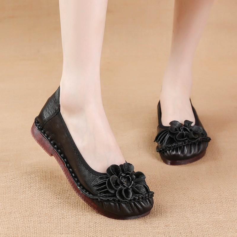 First Layer Cowhide Summer New Soft-soled Beef Tendon Sole Women's Shoes Ethnic Style Flower Genuine Leather Single Shoes Middle-aged Mother's Shoes